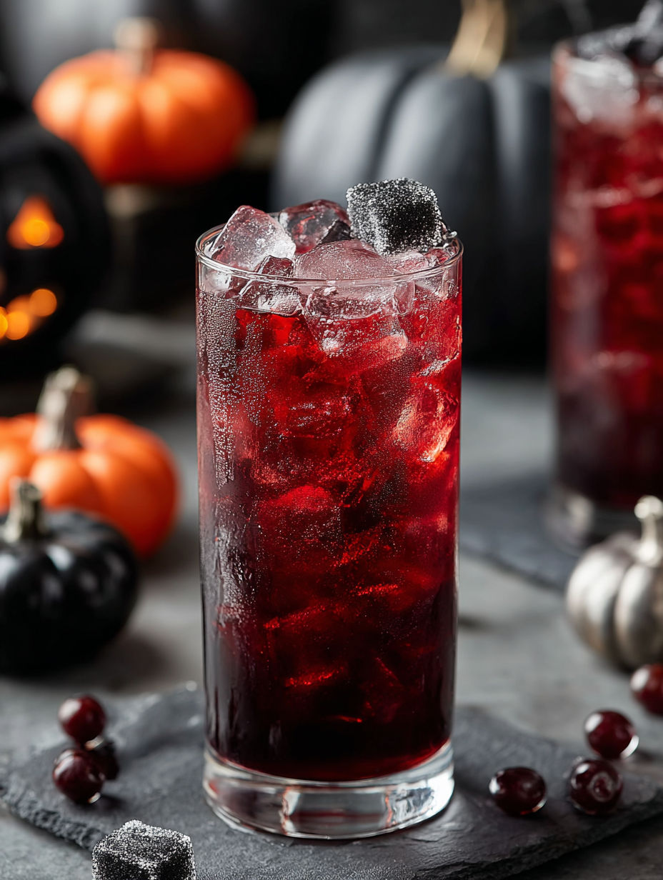 A glass of red liquid with ice and a black widow sparkler in it.