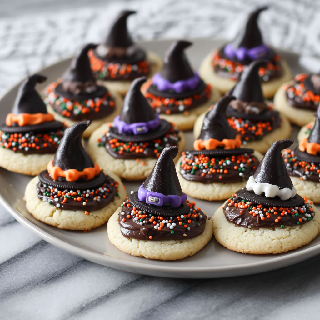 A plate of Halloween witch cookies.