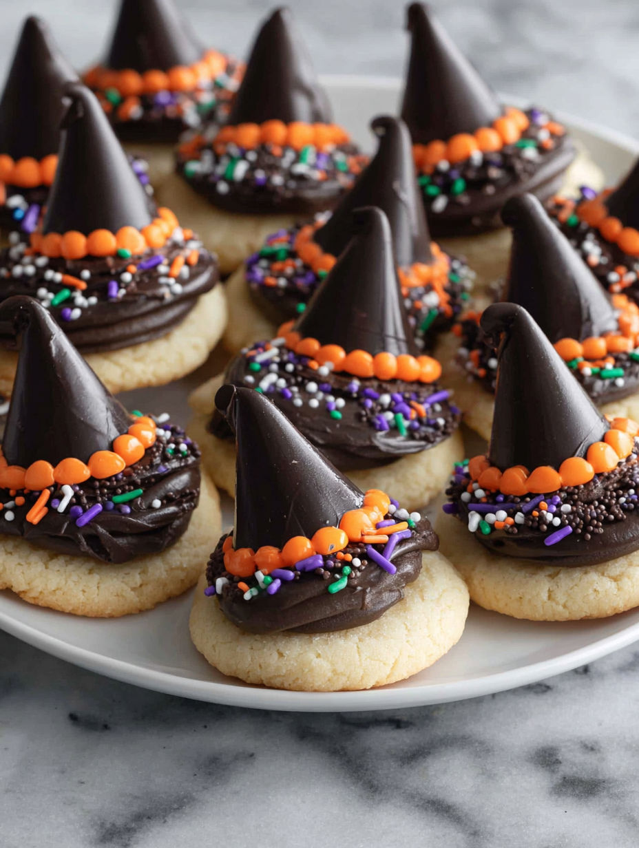 A plate of Halloween witch cookies.