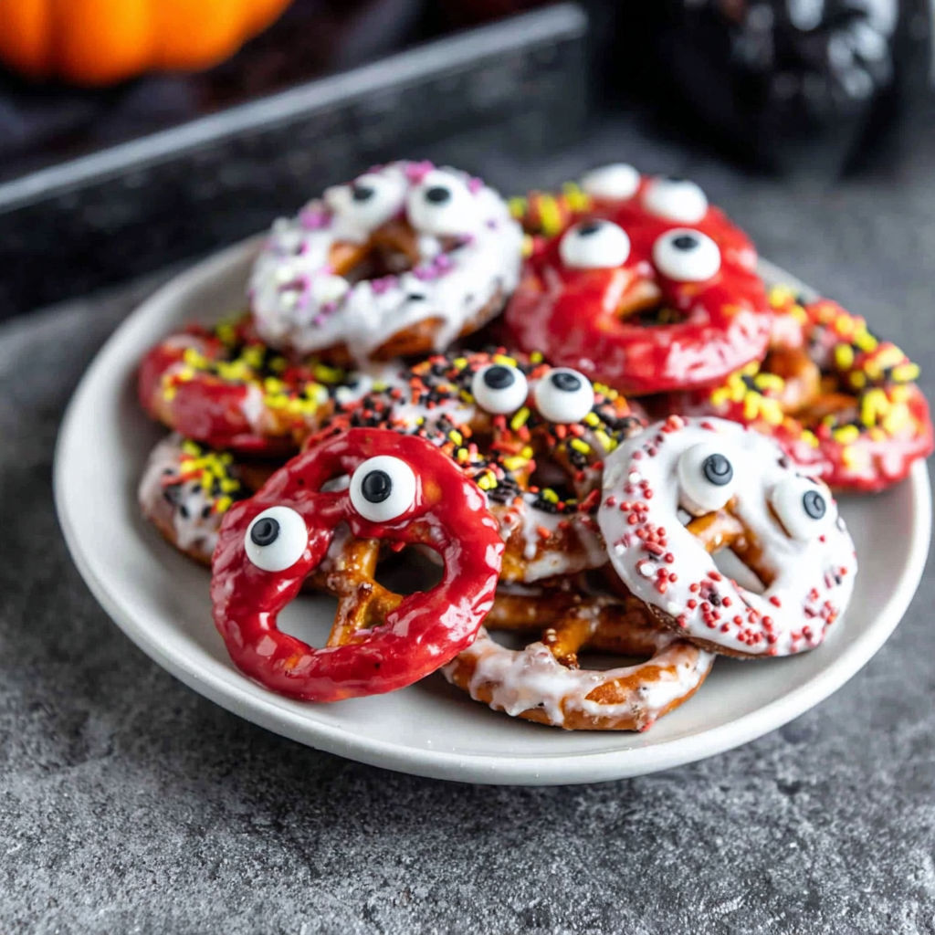 A plate of Halloween pretzels with eyes and noses.