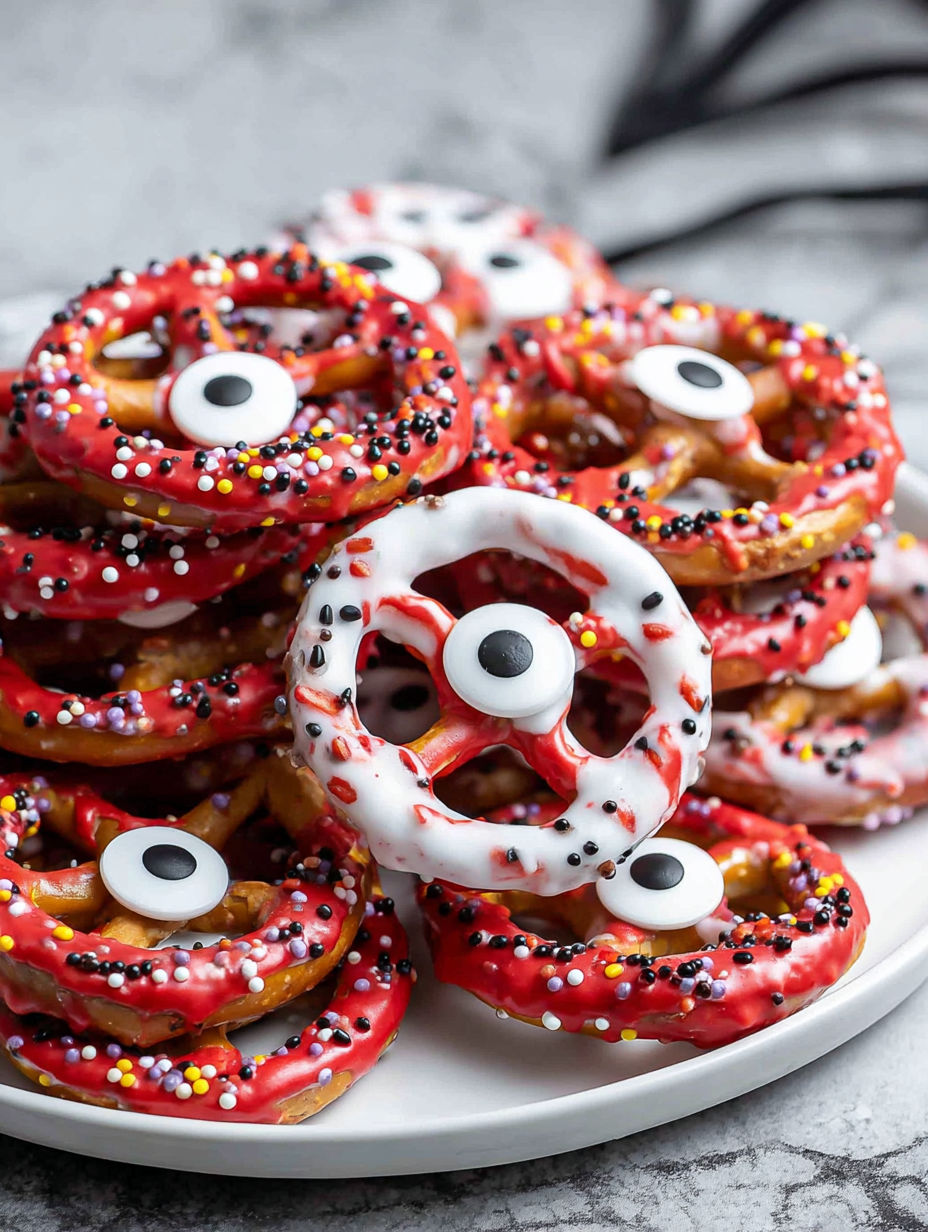 A plate of Halloween pretzels with black and white eyes.