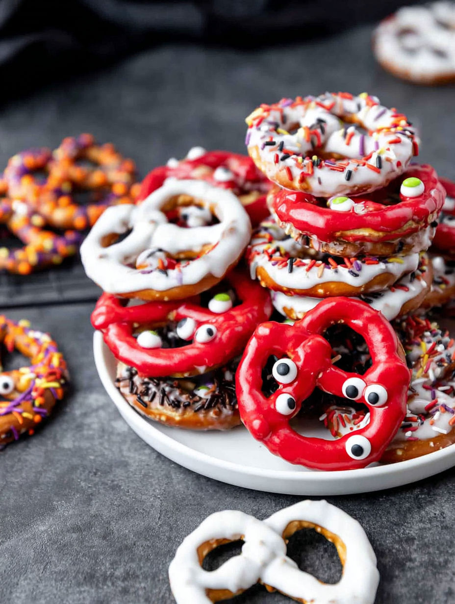 A plate of Halloween pretzels with red eyes and green noses.