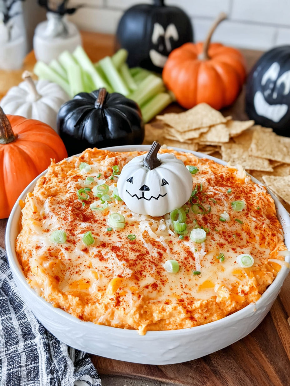 A white bowl filled with a dip that has a pumpkin and a skeleton on it.