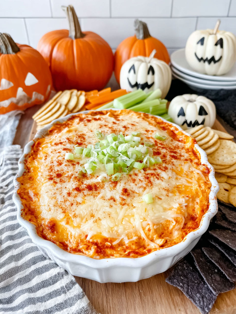 A white bowl filled with a cheesy dip sits on a table with Halloween decorations.