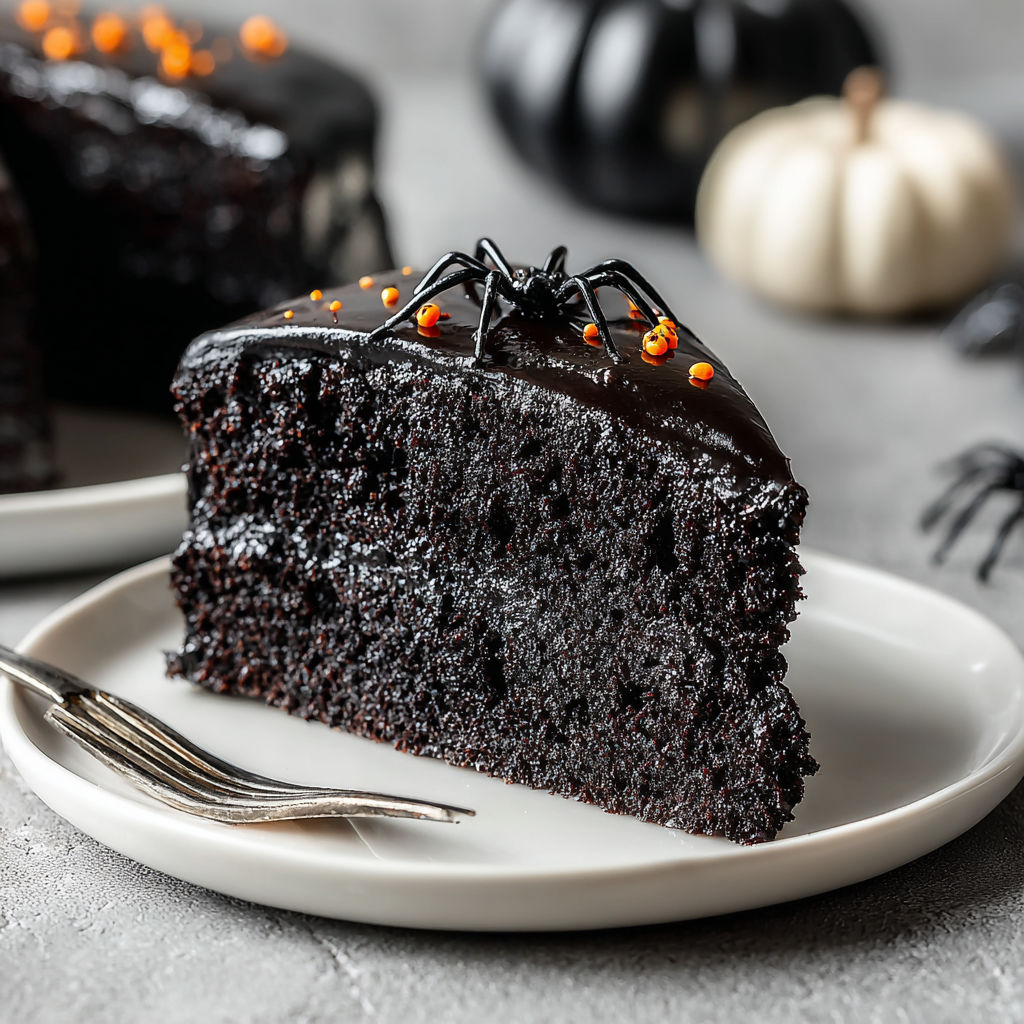 A slice of black velvet cake with orange decorations.