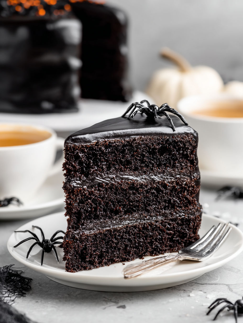 A slice of black velvet cake with a spider on the plate.