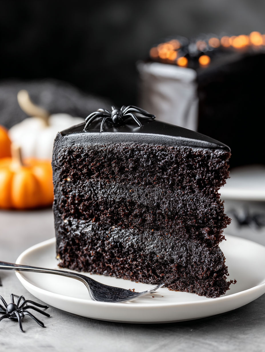 A slice of black velvet cake with a spider web on top.