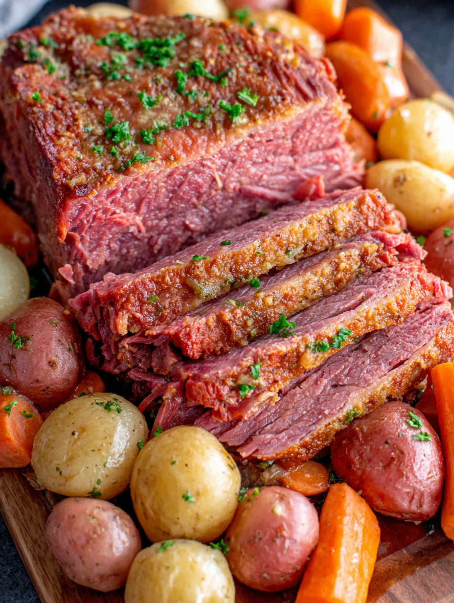 A large piece of corned beef sits on a table.