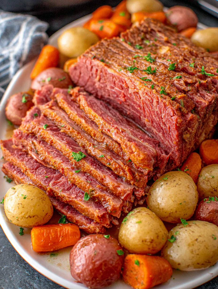 A plate of corned beef and potatoes.