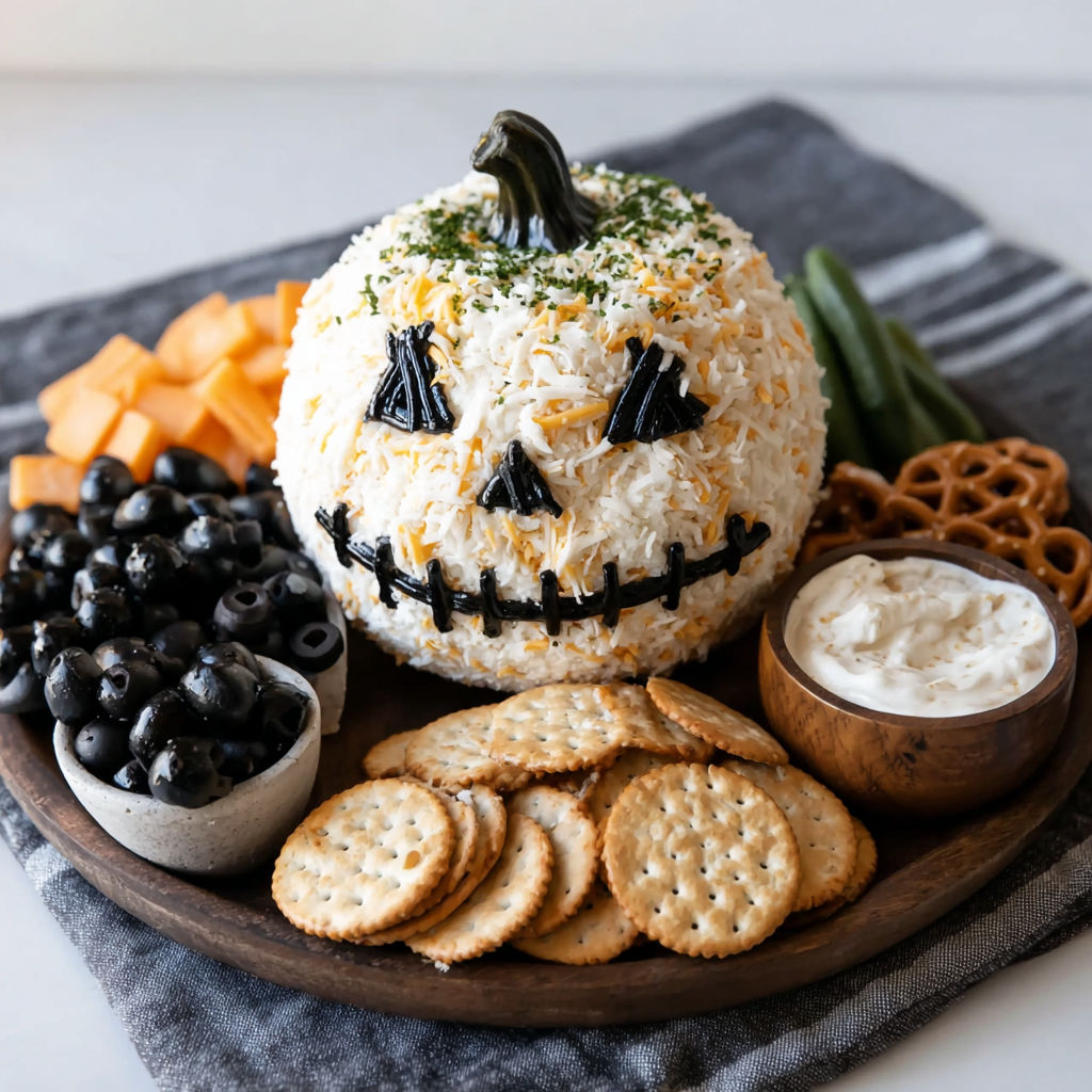 A Halloween themed cheese ball with a face made of rice and cheese.