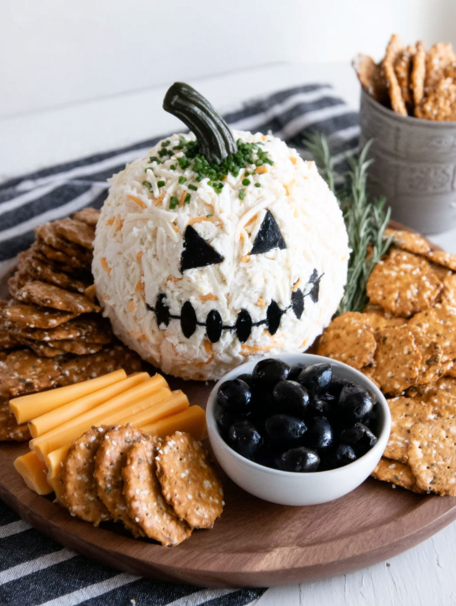 A cheese ball with a face made of cheese and olives.