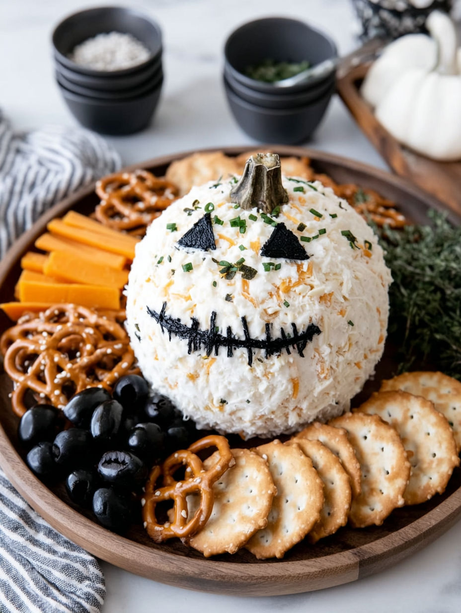 A cheese ball with a face drawn on it.