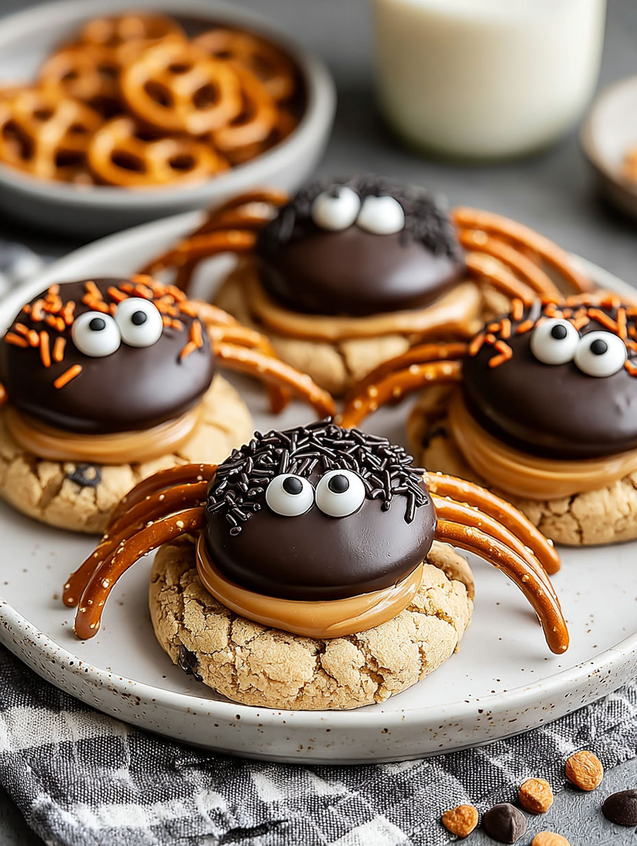 A plate of spooktacular Halloween peanut butter spider cookies.