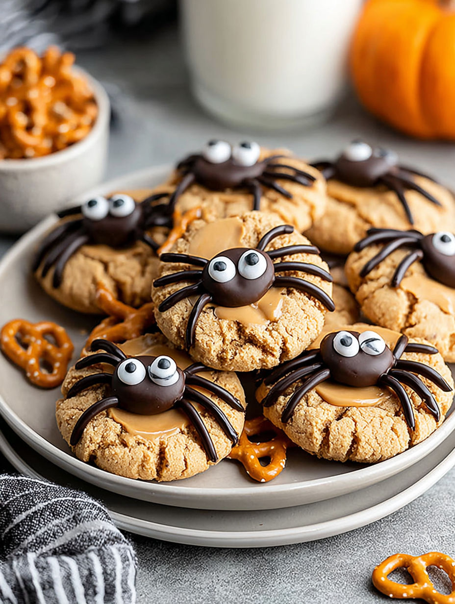 A plate of cookies with spiders on them.
