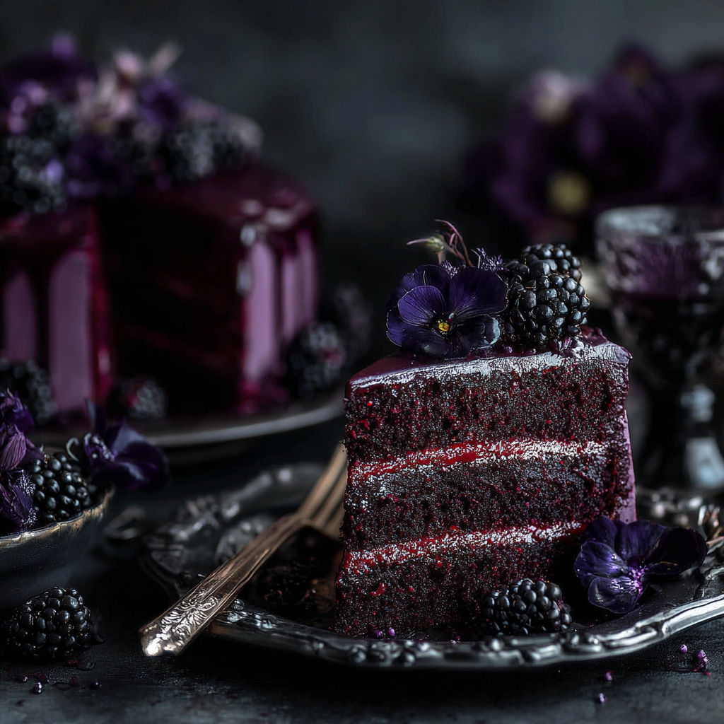 A slice of blackberry velvet gothic cake.