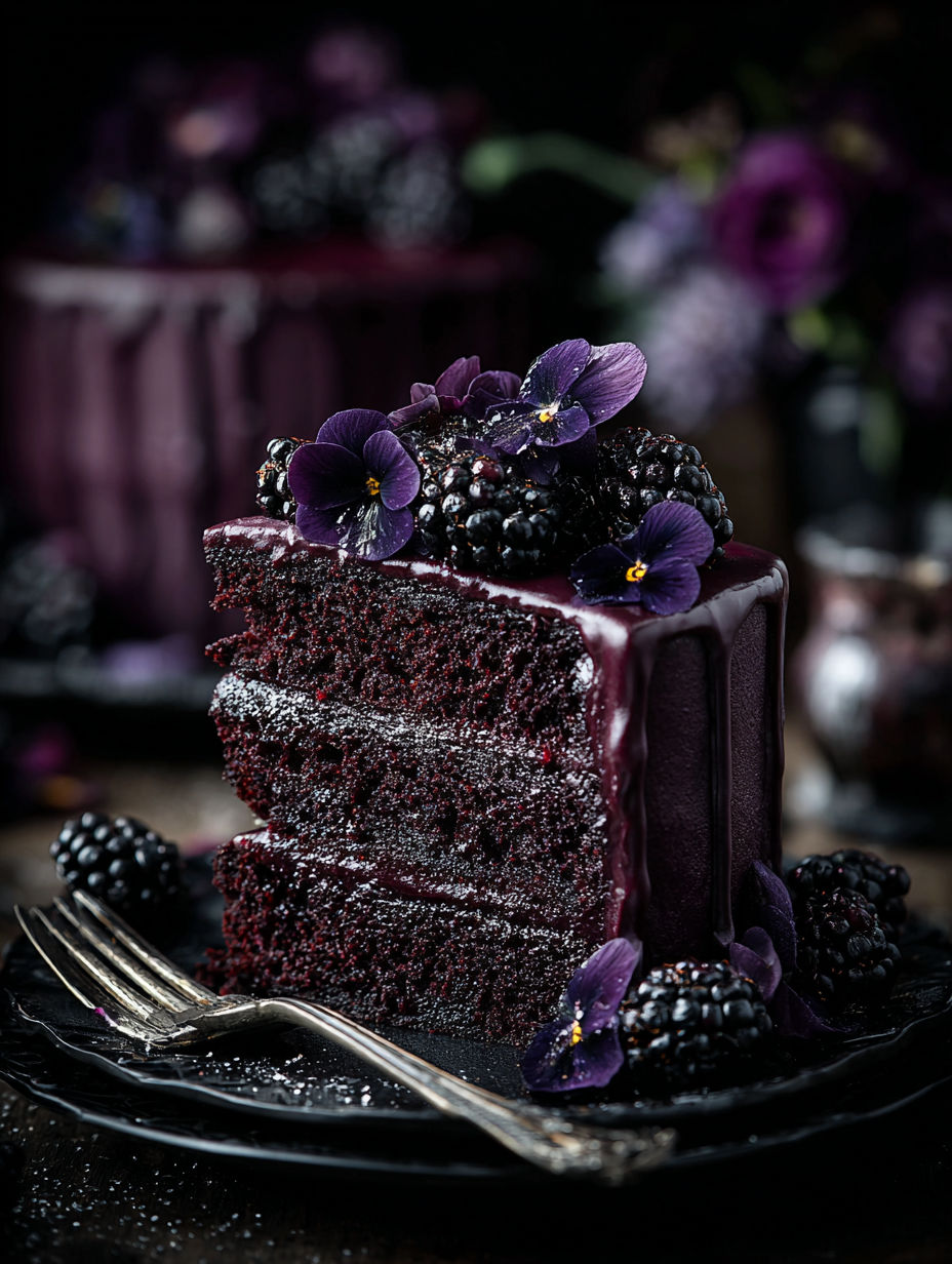 A slice of blackberry velvet gothic cake.