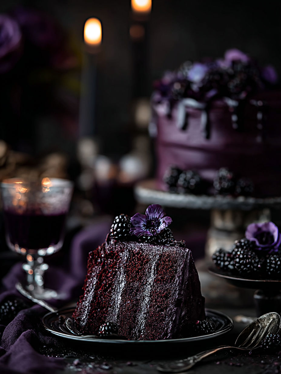 A slice of Blackberry Velvet Gothic Cake.