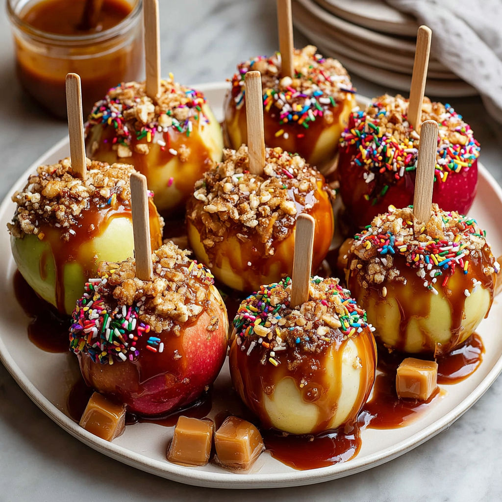A plate of caramel apples with a drizzle of caramel sauce.