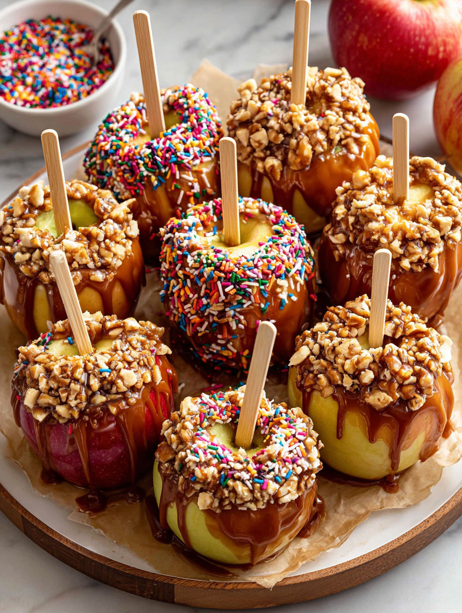 A plate of caramel apples with a wooden spoon in them.