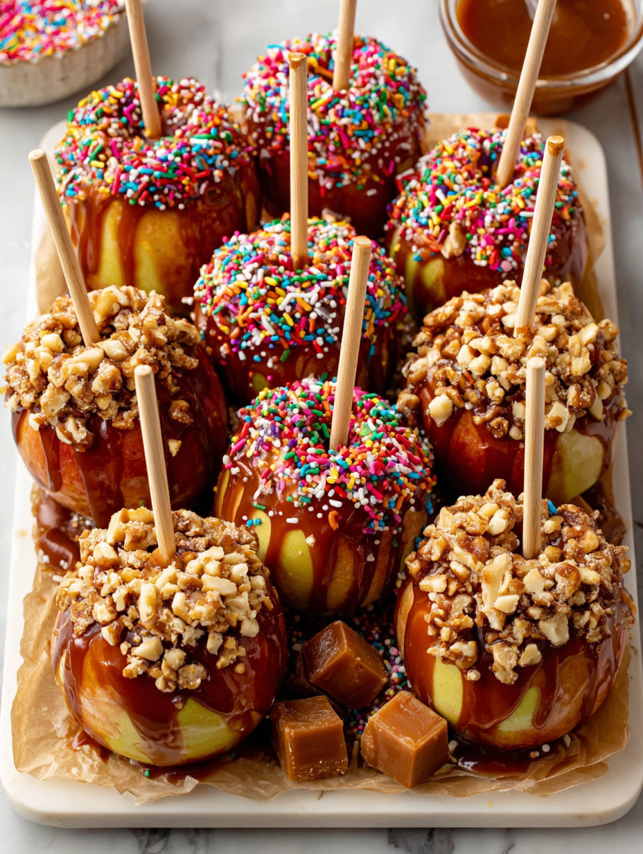 A tray of caramel apples with a variety of toppings.