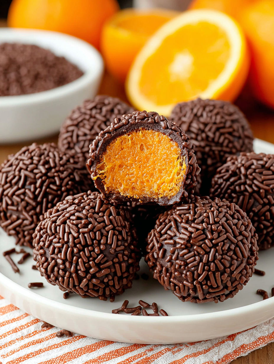 A plate of chocolate truffles with orange centers.