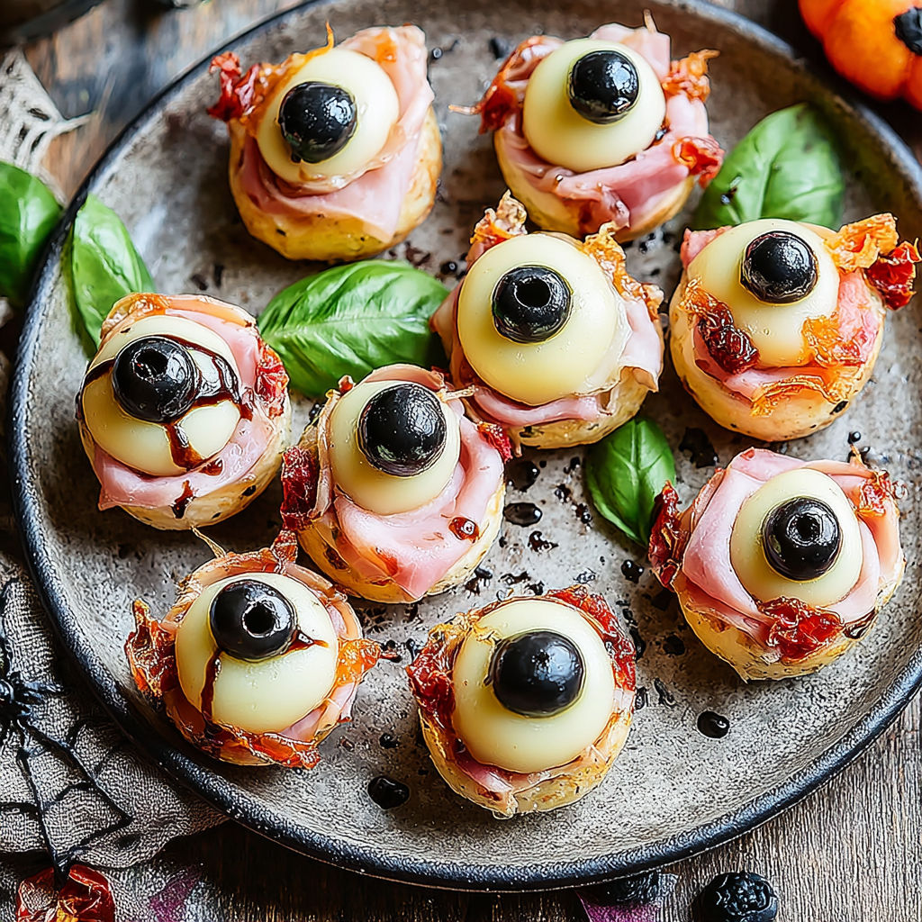 A plate of food with eyeballs on it.