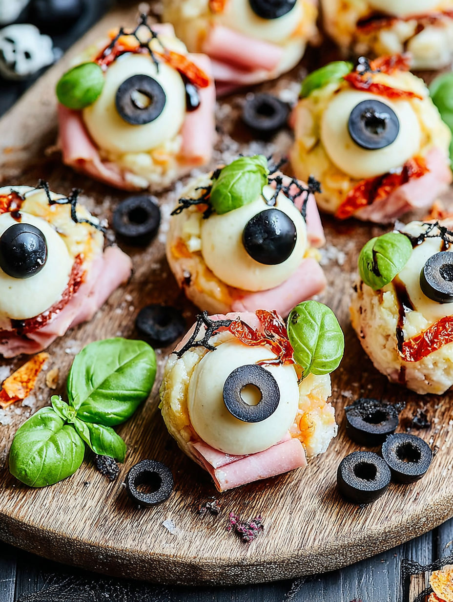 Halloween antipasto eyeballs appetizer.