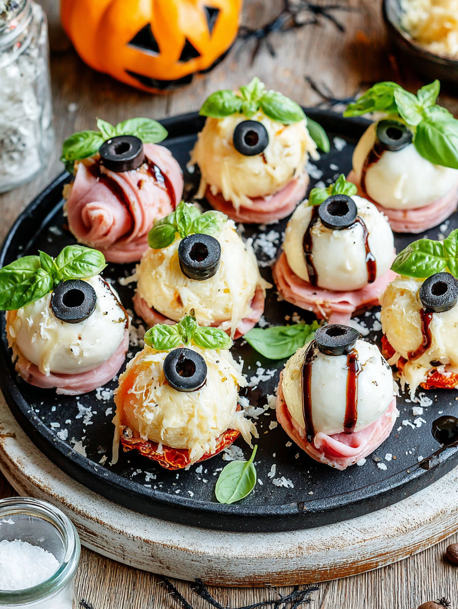 A plate of food with black olives and spinach on top.