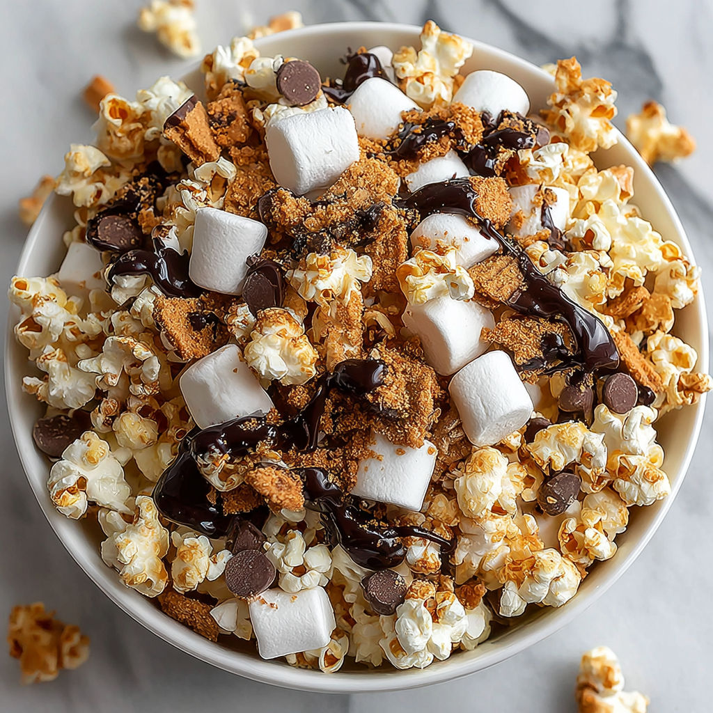 A bowl of popcorn with marshmallows and chocolate drizzled on top.