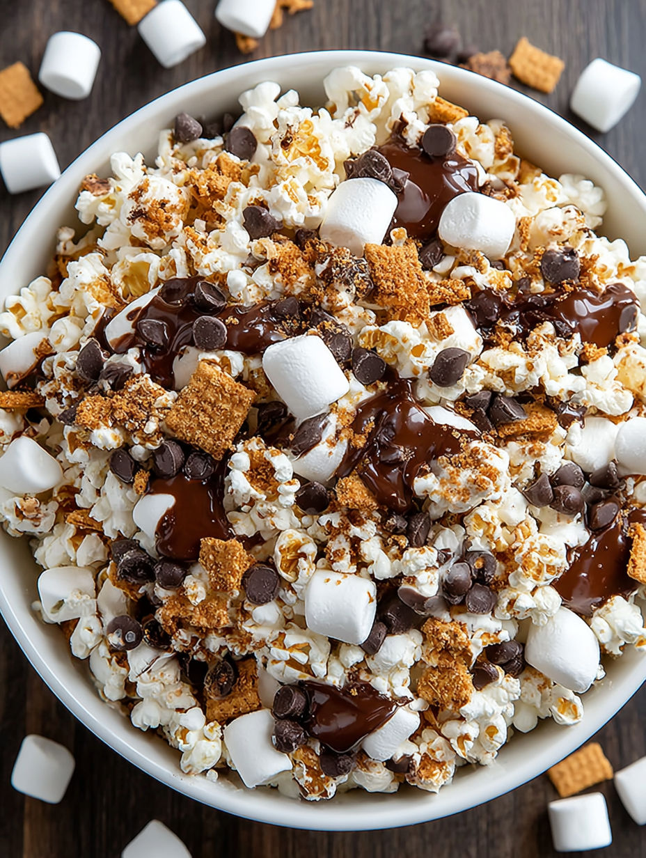 A bowl of popcorn with chocolate drizzled on top.