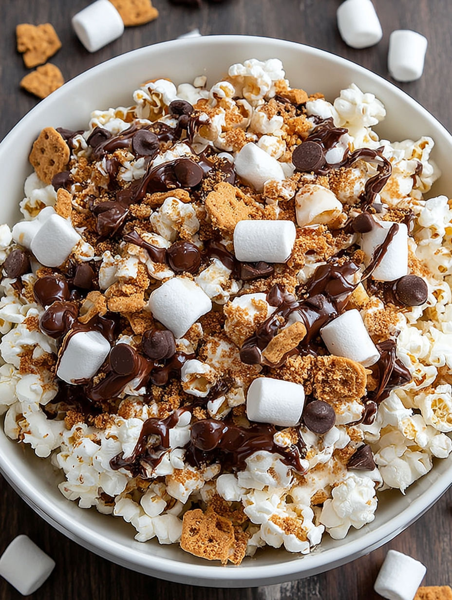 A bowl of popcorn with chocolate drizzled on top.