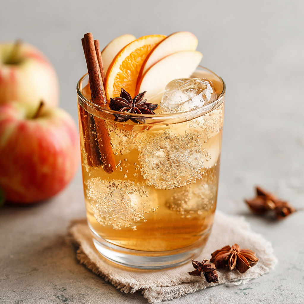 A glass of apple cider with a cinnamon stick in it.