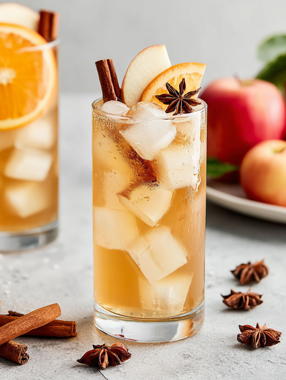 A glass of apple cider with cinnamon and a slice of apple.