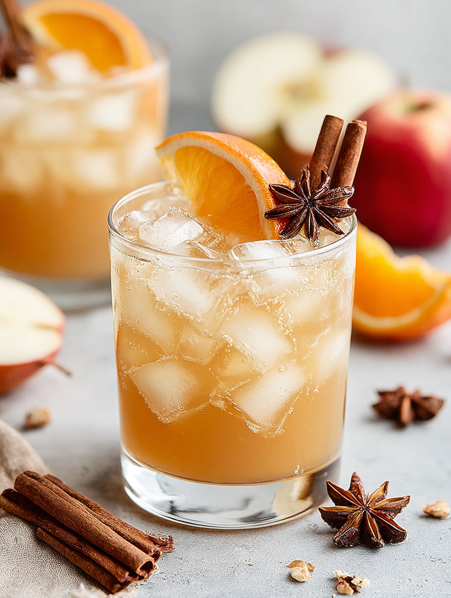 A glass of apple cider with a cinnamon stick in it.