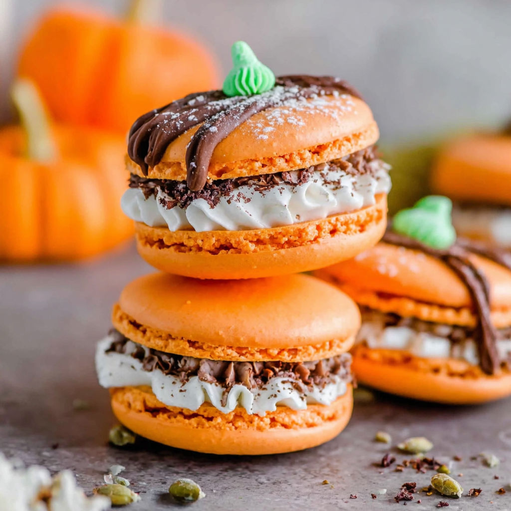 Macarons with pumpkin and chocolate toppings.