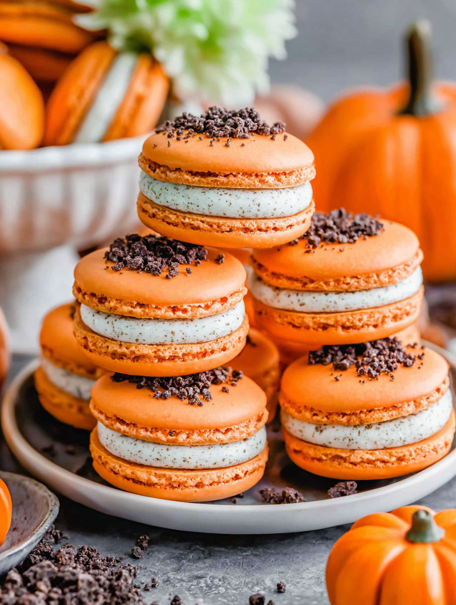 Pumpkin Patch Macarons stacked on a plate.