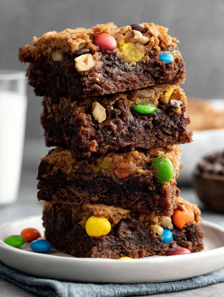 A stack of brownies with M&M's on top.