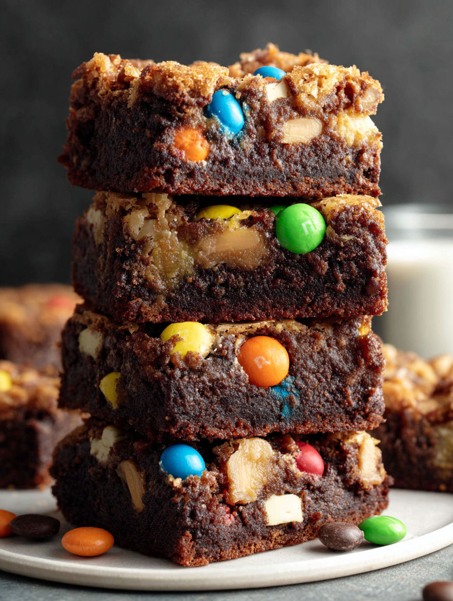 Three stacked brownies with M&Ms and peanut butter.