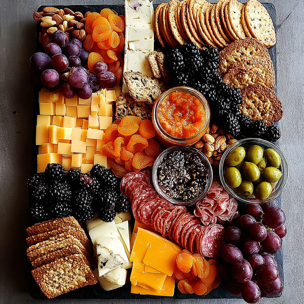 A Halloween charcuterie board with various foods.