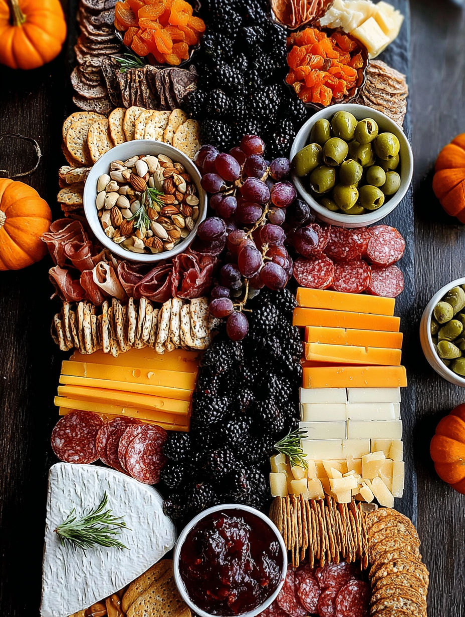 A Halloween charcuterie board with a variety of foods.
