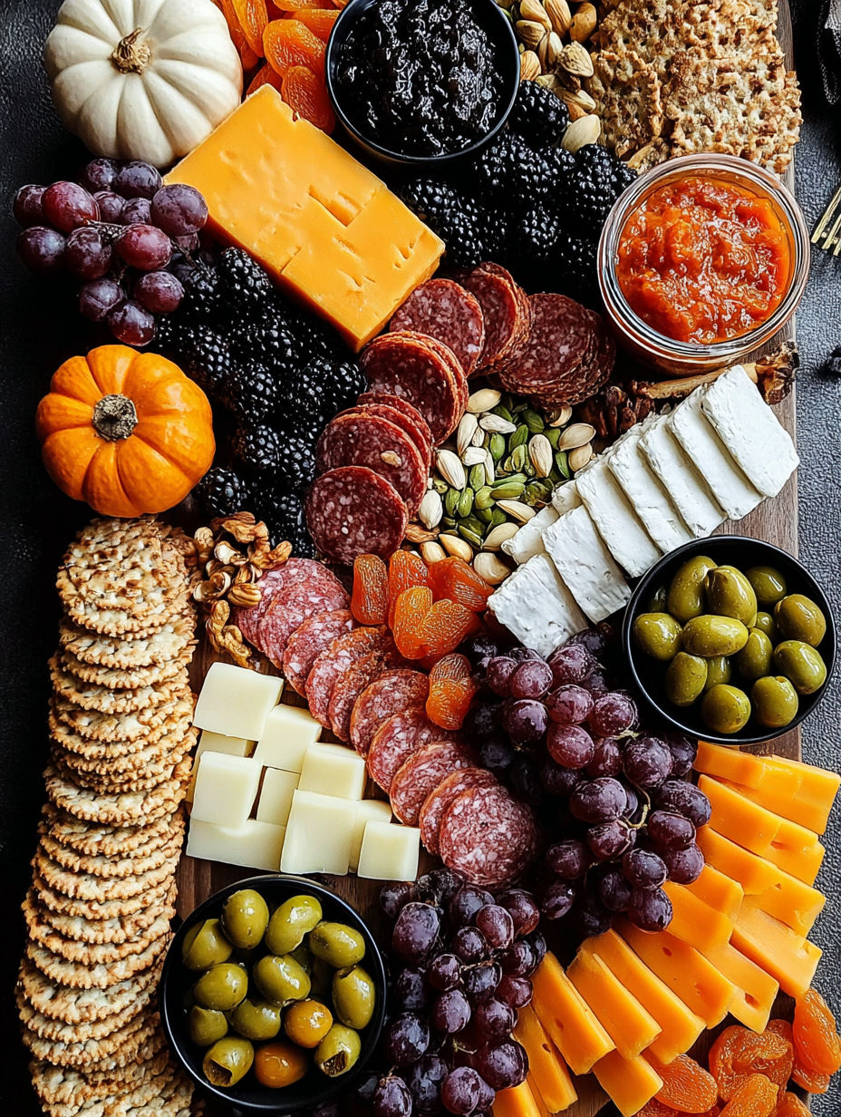 A Halloween charcuterie board with various foods.