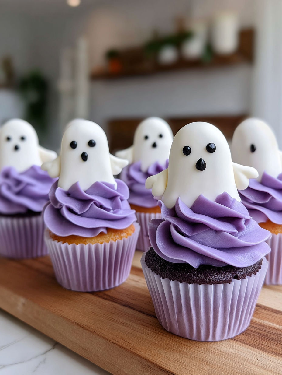 A row of Halloween Ghost Cupcakes.