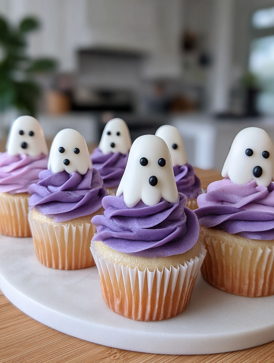 A table with 6 cupcakes with ghost decorations.