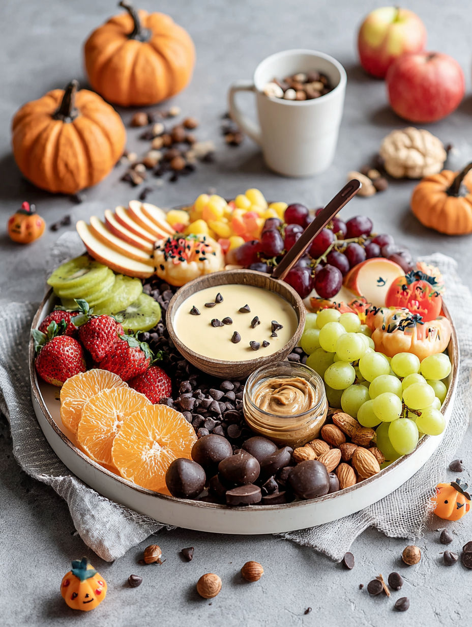 A platter of fruits and nuts with a bowl of yogurt in the middle.
