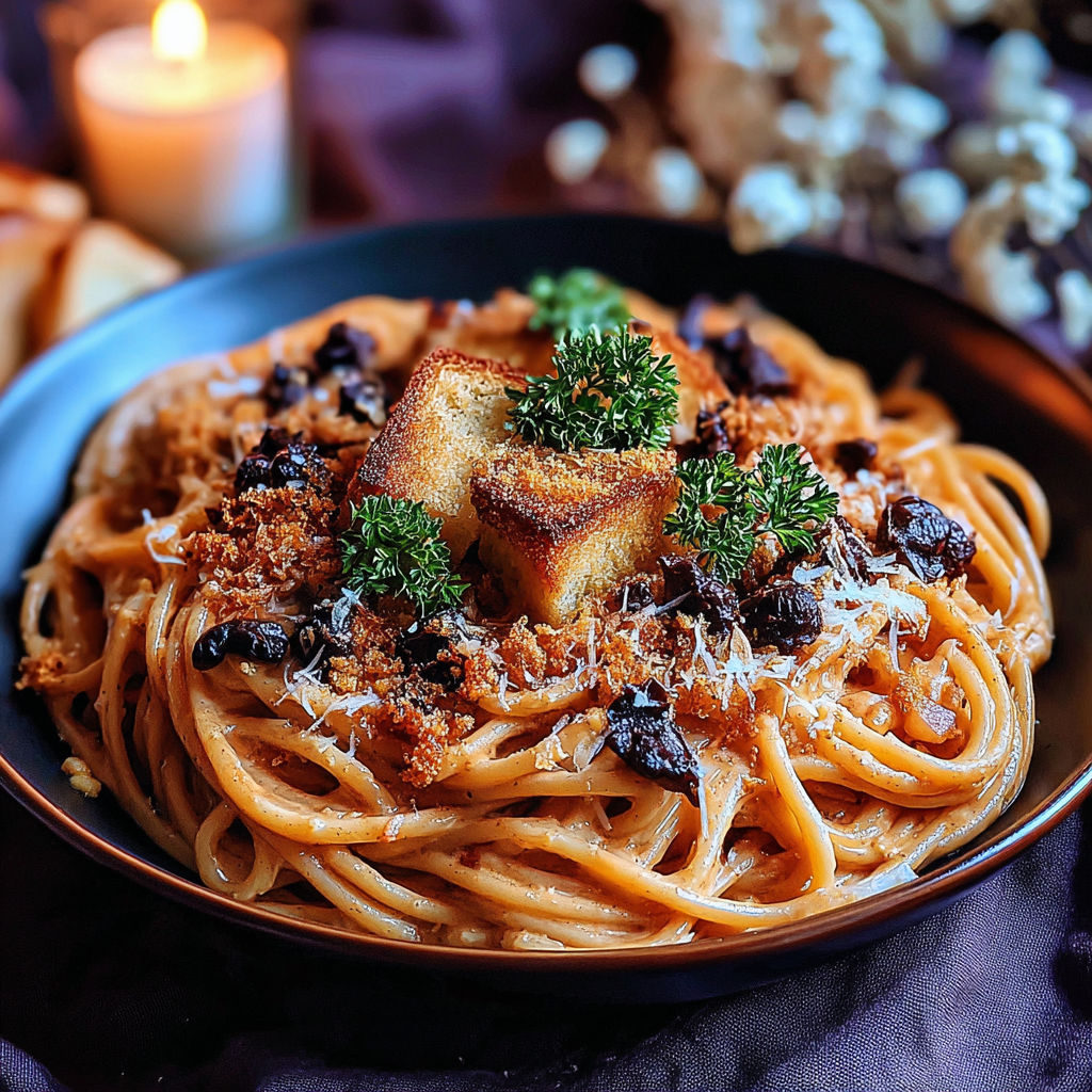 A bowl of spaghetti with bread crumbs and herbs on top.