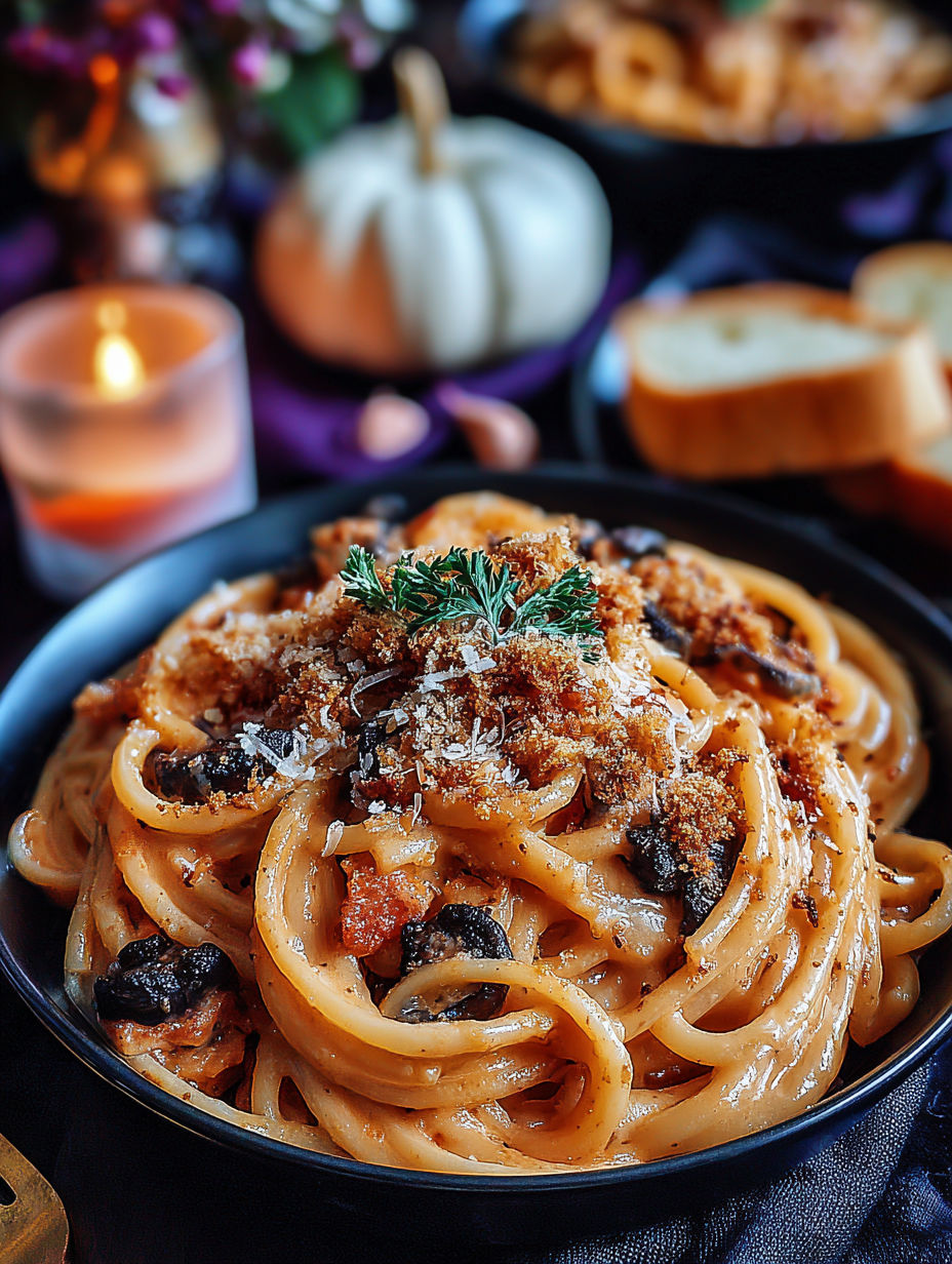 A bowl of pasta with a sprig of parsley on top.