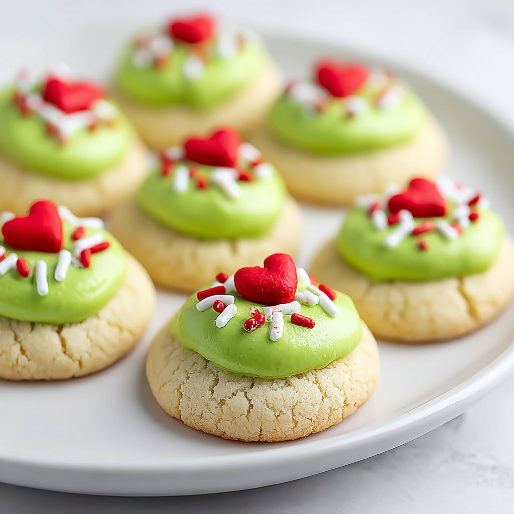 A plate of green thumbprint cookies with red hearts on top.