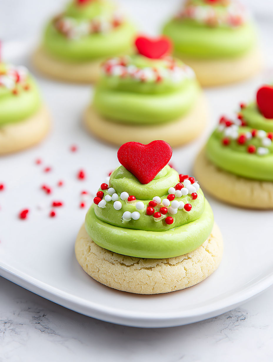 A plate of Grinch thumbprint cookies.