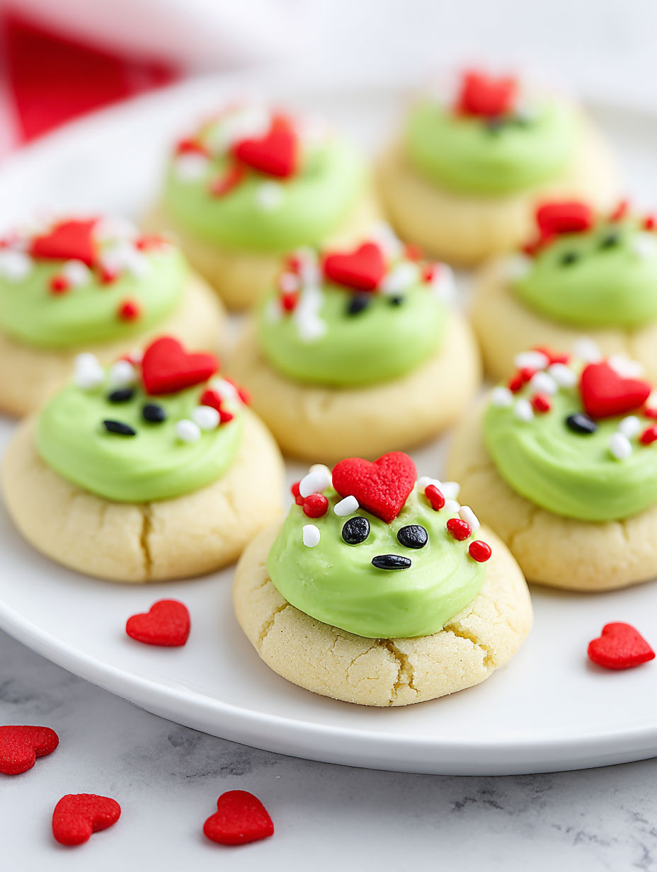A plate of green thumbprint cookies with hearts on them.