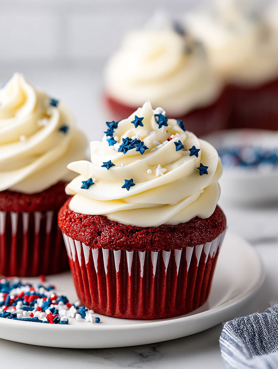 Red velvet cupcakes with cream cheese frosting.